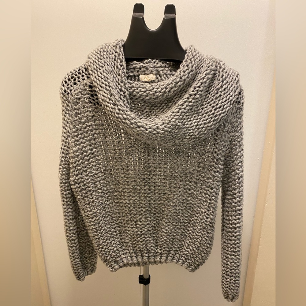 Gray crocheted cowl neck sweater